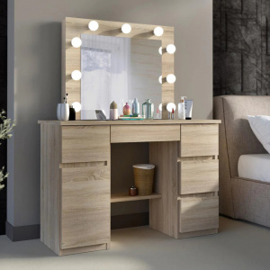 Masuta machiaj cu Oglinda LED si 5 Sertare pentru Cosmetice, Set Masa toaleta 120 cm, masuta cosmetica, vanity - SEM521 - Img 6