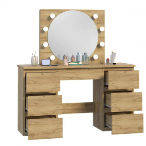 Masuta machiaj cu Oglinda LED si 5 Sertare pentru Cosmetice, Set Masa toaleta 120 cm, Stejar, masuta cosmetica, vanity - SEM532 - Img 5
