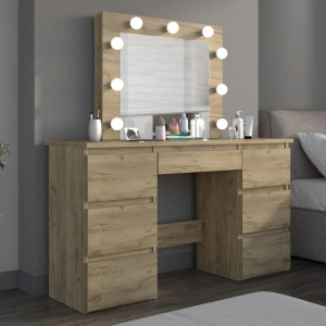 Masuta machiaj cu Oglinda LED si 5 Sertare pentru Cosmetice, Set Masa toaleta 120 cm, Stejar, masuta cosmetica, vanity - SEM534 - Img 6