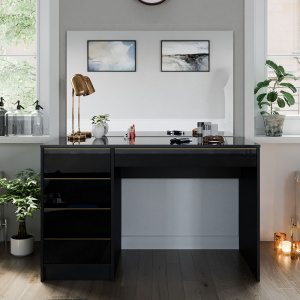 Masuta machiaj cu Oglinda LED si 5 Sertare pentru Cosmetice, Set Masa toaleta 120 cm, Negru, masuta cosmetica, vanity - SEN253 - Img 6