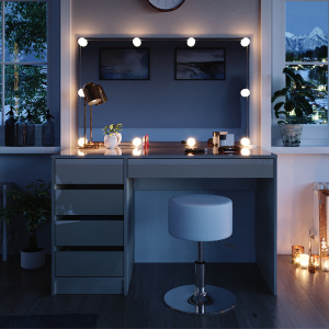 Masuta machiaj cu Oglinda LED si 5 Sertare pentru Cosmetice, Set Masa toaleta 120 cm, masuta cosmetica, vanity - SEC208
