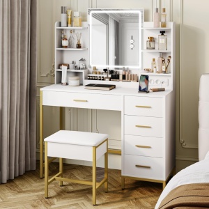 Masuta machiaj cu Oglinda LED si 5 Sertare pentru Cosmetice, Set Masa toaleta 108 cm, Alb, masuta cosmetica, vanity - SEA483