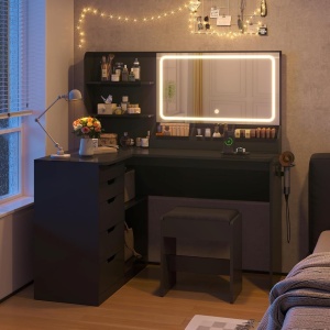 Masuta machiaj cu Oglinda LED si 5 Sertare pentru Cosmetice, Set Masa toaleta 120 cm, Negru, masuta cosmetica, vanity - SEN258