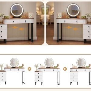 Masuta machiaj cu Oglinda LED si 5 Sertare pentru Cosmetice, Set Masa toaleta 120 cm, Alb, masuta cosmetica, vanity - SEA497 - Img 5