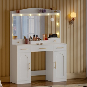 Masuta machiaj cu Oglinda LED si 5 Sertare pentru Cosmetice, Set Masa toaleta 108 cm, Alb, masuta cosmetica, vanity - SEA911 - Img 3