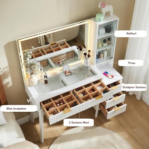 Masuta machiaj cu Oglinda LED si 5 Sertare pentru Cosmetice, Set Masa toaleta 122 cm, Alb, Antracit sau Culoarea Stejar, masuta cosmetica cu Riflaj, vanity - SEM21 - Img 6