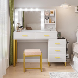 Masuta machiaj cu Oglinda LED si 5 Sertare pentru Cosmetice, Set Masa toaleta 99 cm, Alb, masuta cosmetica, vanity - SEA829 - Img 1