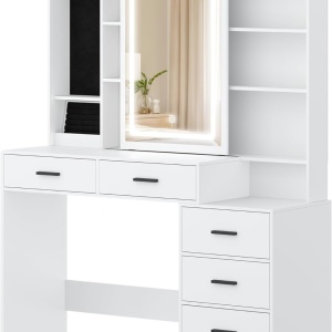 Masuta machiaj cu Oglinda LED si 5 Sertare pentru Cosmetice, Set Masa toaleta 120 cm, Alb, masuta cosmetica, vanity - SEA5 - Img 2