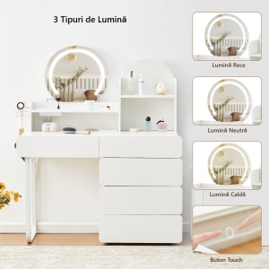 Masuta machiaj cu Oglinda LED si 5 Sertare pentru Cosmetice, Set Masa toaleta 105 - 130 cm, Alb, masuta cosmetica cu Prize si USB, Suport Uscator de Par - SEA25 - Img 7