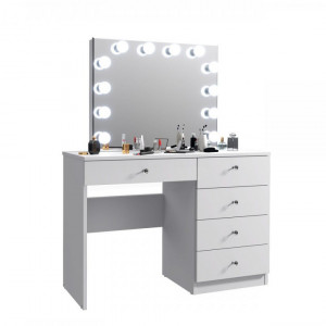 Masuta machiaj cu Oglinda LED si 5 Sertare pentru Cosmetice, Set Masa toaleta 110 cm, Alb, masuta cosmetica, vanity - SEA533 - Img 4