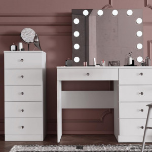 Masuta machiaj cu Oglinda LED si 5 Sertare pentru Cosmetice, Set Masa toaleta 110 cm, Alb, masuta cosmetica, vanity - SEA533 - Img 8