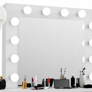 Masuta machiaj cu Oglinda LED si 6 Sertare pentru Cosmetice, Set Masa toaleta 130 cm, Alb Lucios, masuta cosmetica, vanity - SEA540 - Img 8