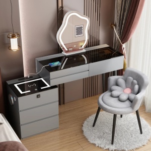 Masuta machiaj cu Oglinda LED si 6 Sertare pentru Cosmetice, Set Masa toaleta 100 cm, Gri, masuta cosmetica, vanity - SEG17