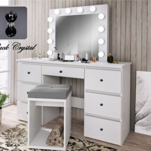 Masuta machiaj cu Oglinda LED si 7 Sertare pentru Cosmetice, Set Masa toaleta 120 cm, Alb, masuta cosmetica, vanity - SEA516CN