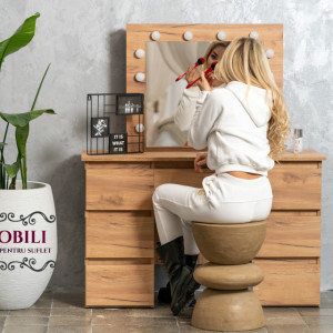 Masuta machiaj cu Oglinda LED si 7 Sertare pentru Cosmetice, Set Masa toaleta 120 cm, Stejar, masuta cosmetica, vanity - SEM508 - Img 7