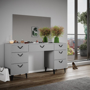 Masuta machiaj cu Oglinda LED si 7 Sertare pentru Cosmetice, Set Masa toaleta 150 cm, Gri, masuta cosmetica, vanity - SEG213 - Img 6