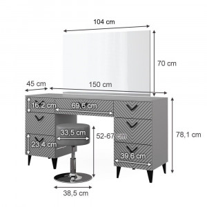 Masuta machiaj cu Oglinda LED si 7 Sertare pentru Cosmetice, Set Masa toaleta 150 cm, Gri, masuta cosmetica, vanity - SEG213 - Img 7