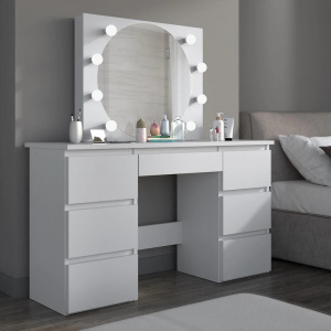 Masuta machiaj cu Oglinda LED si 7 Sertare pentru Cosmetice, Set Masa toaleta 120 cm, Alb, masuta cosmetica, vanity - SEA551