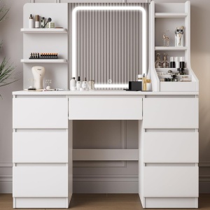 Masuta machiaj cu Oglinda LED si 7 Sertare pentru Cosmetice, Set Masa toaleta 110 cm, Alb / Negru / Roz, masuta cosmetica, vanity - SEA820