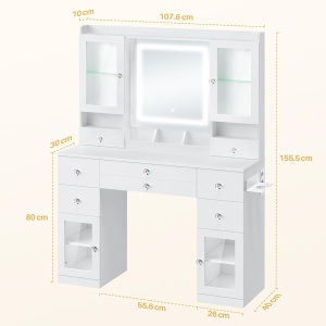 Masuta machiaj cu Oglinda LED si 8 Sertare pentru Cosmetice, Set Masa toaleta 107 cm, Alb, masuta cosmetica, vanity - SEA835 - Img 2