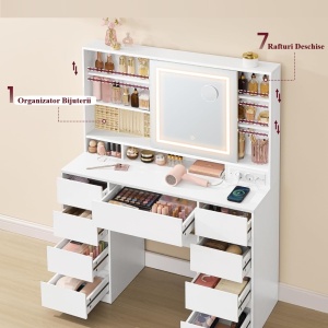 Masuta machiaj cu Oglinda LED si 9 Sertare pentru Cosmetice, Set Masa toaleta 110 cm, Alb, masuta cosmetica, vanity - SEA822 - Img 12