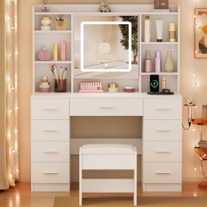 Masuta machiaj cu Oglinda LED si 9 Sertare pentru Cosmetice, Set Masa toaleta 110 cm, Alb, masuta cosmetica, vanity - SEA824