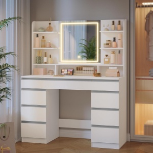 Masuta machiaj cu Oglinda LED si 9 Sertare pentru Cosmetice, Set Masa toaleta 109 cm, Alb, masuta cosmetica, vanity - SEA18 - Img 5
