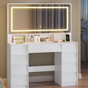 Masuta machiaj cu Oglinda LED si 9 Sertare pentru Cosmetice, Set Masa toaleta 109 cm, Alb, masuta cosmetica, vanity - SEA19