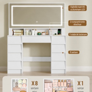 Masuta machiaj cu Oglinda LED si 9 Sertare pentru Cosmetice, Set Masa toaleta 109 cm, Alb, masuta cosmetica, vanity - SEA19 - Img 12