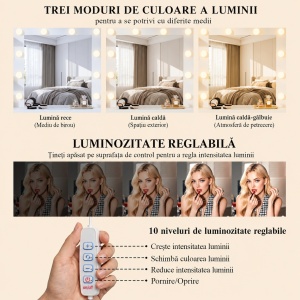 Masuta machiaj cu Oglinda LED si 9 Sertare pentru Cosmetice, Set Masa toaleta 108 cm, Alba sau Neagra cu Riflaj, masuta cosmetica cu Prize, USB, USB-C si Suport Uscator de Par, Suport Bijuterii vanity - SEA202 - Img 8
