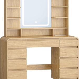 Masuta machiaj cu Oglinda LED si 9 Sertare pentru Cosmetice, Set Masa toaleta 108 cm, cu Priza si USB, masuta cosmetica Maro, vanity cu Rafturi - SEM1 - Img 5
