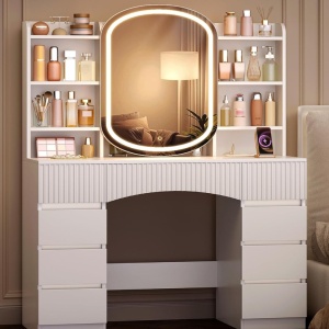 Masuta machiaj cu Oglinda LED si 9 Sertare si Rafturi pentru Cosmetice, Set Masa toaleta 108 cm, Alb, masuta cosmetica cu Priza si USB, vanity cu Dulapior - SEA17