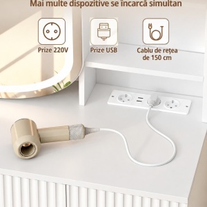 Masuta machiaj cu Oglinda LED si 9 Sertare si Rafturi pentru Cosmetice, Set Masa toaleta 108 cm, Alb, masuta cosmetica cu Priza si USB, vanity cu Dulapior - SEA17 - Img 2