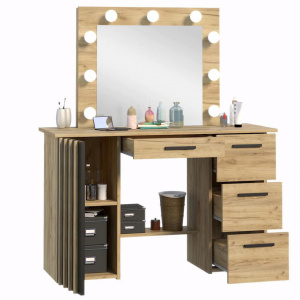 Masuta machiaj culoarea Stejar, cu Oglinda LED si 4 Sertare pentru Cosmetice, Set Masa toaleta 120 cm, Stejar, masuta vanity cu Riflaj, cosmetica - SEM535 - Img 3