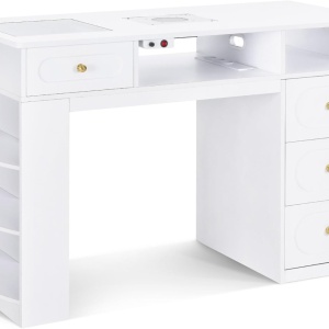 Masuta manichiura alba, 120 cm, cu aspirator incorporat, 3 Prize, 4 Sertare, masa cosmetica cu Rafturi - MANIA205 - Img 3