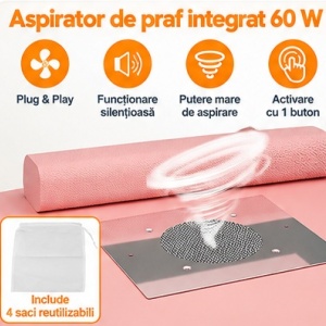 Masuta manichiura Alba / Neagra / Roz, 106 cm, birou, masa cosmetica pentru salon cu Aspirator Incorporat - MANIA212 - Img 4