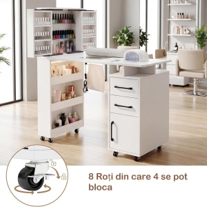 Masuta manichiura Alba / Roz / Neagra, 108 cm, birou cu LED, masa cosmetica pentru salon cu Aspirator Incorporat, Pernita si Rafturi deschise - MANIA216 - Img 9