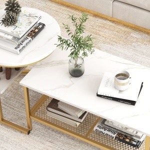 MCAU19 - Set 2 masute de cafea 80 cm si 52 cm, mese pentru living - Alb - Negru / Auriu - Img 7