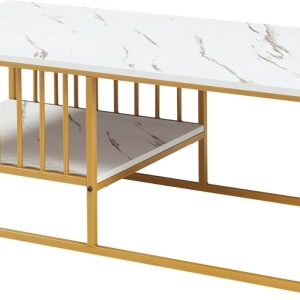 MCAU20 - Masuta de cafea 120 cm, masa pentru living imitatie marmura - Alb - Auriu / Negru - Img 10