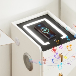 NOA1 - Set 2x Noptiere Smart, 30 cm, cu 3 sertare, LED, USB, Bluetooth, Incarcator Wireless, mobilier dormitor - Alb - Img 3