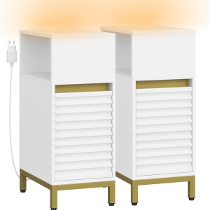 NOA2 - Set 2 Noptiere, 24 cm, foarte inguste, LED, USB si USB-C, Riflaje dormitor - Alb - Auriu - Img 5