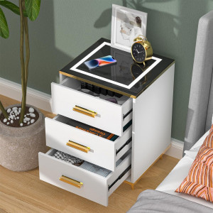 NOA226 - Noptiera alba 45 cm, cu 3 sertare, cu LED si USB pentru dormitor - Alb-Auriu - Img 4