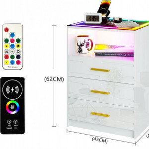 NOA236 - Set 2x Noptiere Alb Lucios, 45 cm, cu 3 sertare si raft, cu LED, USB, Incarcare Wireless, pentru dormitor - Alb-Auriu - Img 4
