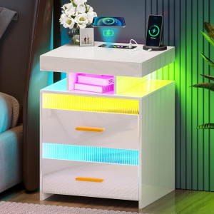 NOA237 - Set 2x Noptiere Alb Lucios, 45 cm, cu 2 sertare si raft, cu LED, USB, Incarcare Wireless, pentru dormitor - Alb-Auriu
