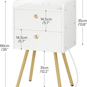 NOA48 - Set 2x Noptiere albe 38x28x66 cm, cu 2 sertare, priza, USB, dormitor - Alb-Auriu - Img 5
