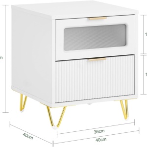 NOA59 - Set 2x Noptiere albe 40x40x47 cm, riflaje, cu 2 sertare, dormitor - Alb-Auriu - Img 7