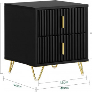 NON11 - Set 2x Noptiere negre 40x40x47 cm, riflaje, cu 2 sertare, dormitor - Negru-Auriu - Img 8
