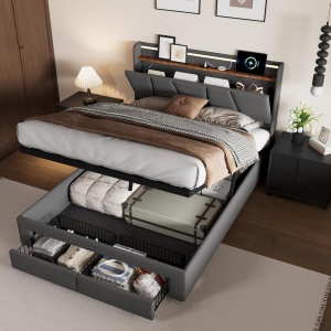 PAG201 - Pat tapitat Gri, 140 / 160 x 200 cm, cu USB, USB-C, LED, 2 Sertare, Somiera Hidraulica, Spatiu depozitare si Raft