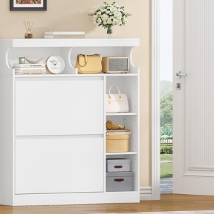 PANA34 - Pantofar 95 cm ingust, 2 compartimente si Rafturi, pantofare, depozitare pantofi, mobilier hol - Alb - Img 11