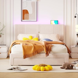 PARC205 - Pat tapitat cu LED si USB, 140 / 160 x 200 cm, cu Sertar - Gri